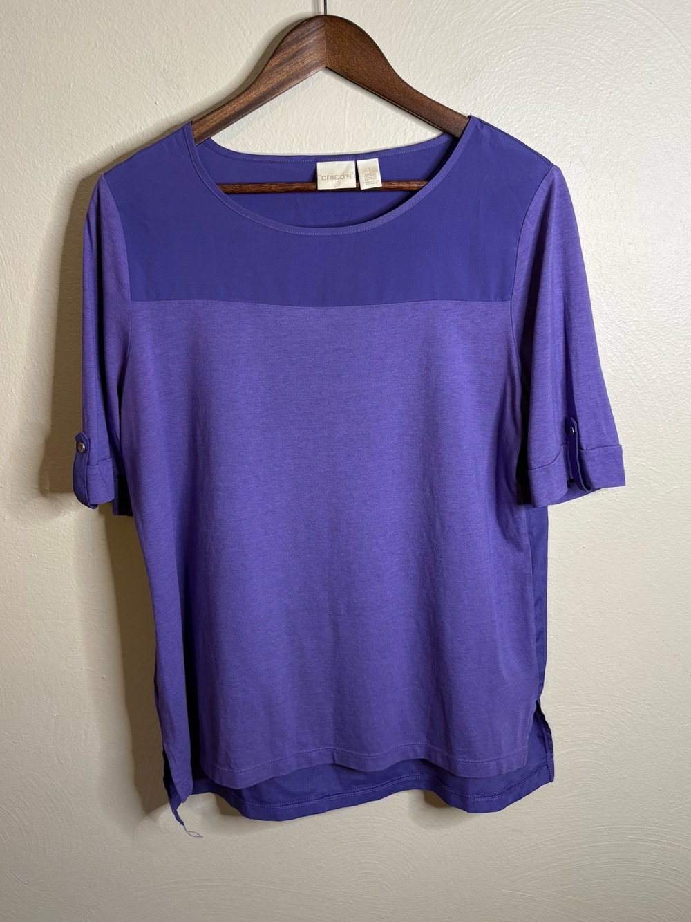 Chico’s Size 1 Purple Mixed Media Hi Low Top Button Sleeve Casual Tunic Classic - Picture 2 of 12